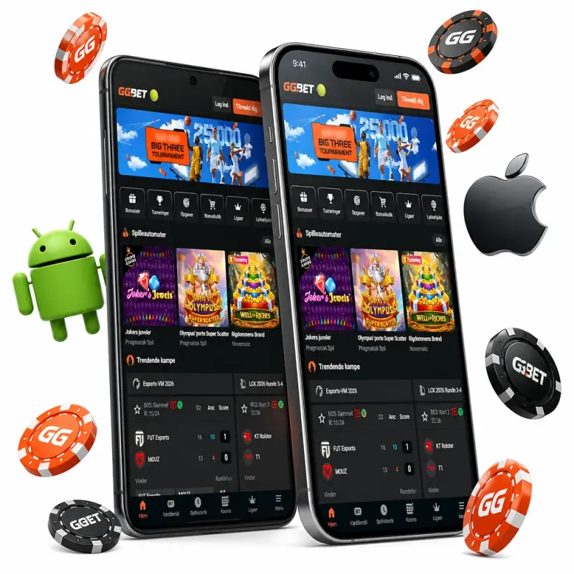 GGBET appen åbnet på to telefoner med Android- og Apple-logo