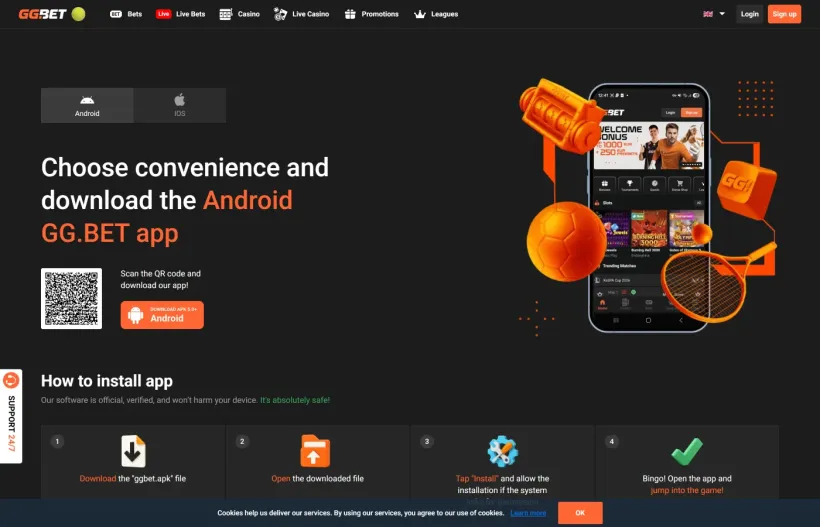 App-siden hos GGBET med QR-kode og knap til at hente Android-appen
