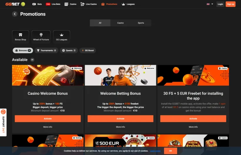Bonusoversigten hos GGBET med aktive casinokampagner og betingelser