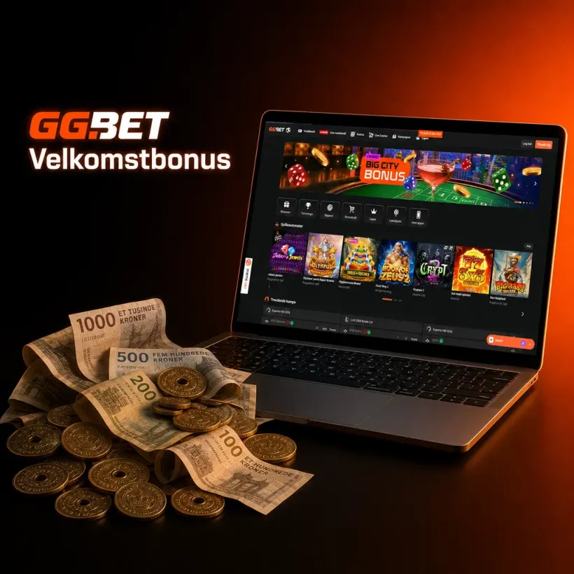Velkomstbonus hos GGBET vist med sedler og mønter foran spillelobbyen