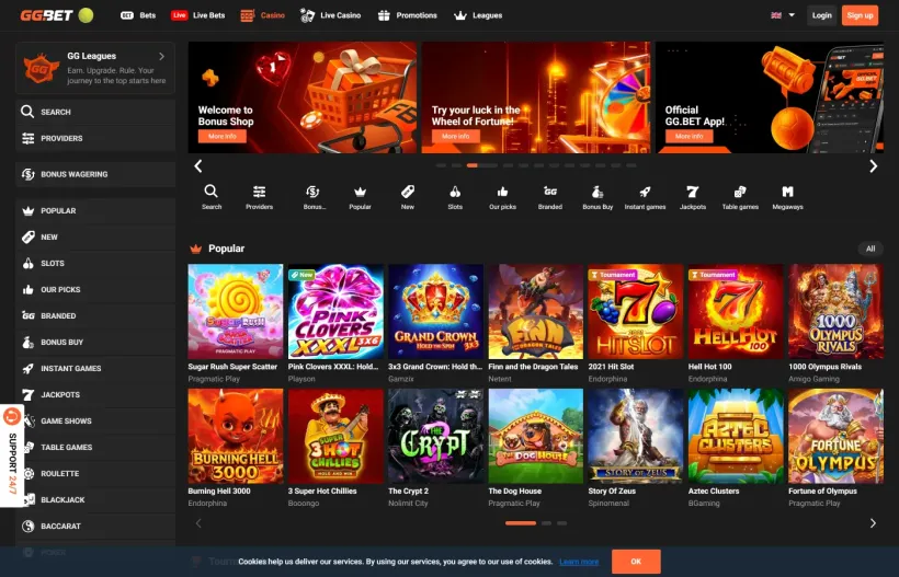 Casinolobbyen hos GGBET med spilleautomater fra Pragmatic Play og Novomatic
