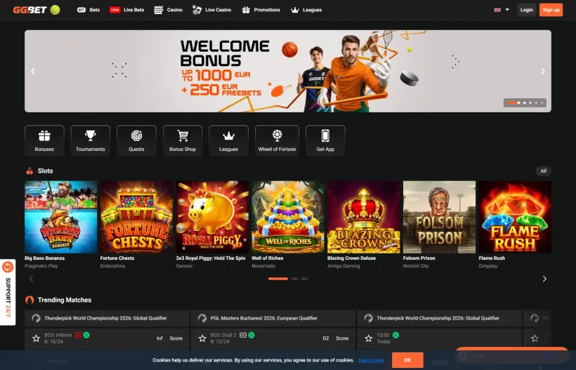 Forsiden hos GGBET med velkomstbonus, spilleautomater og kommende kampe