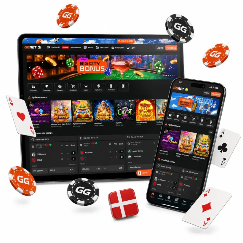 GGBET åbnet på computer, tablet og telefon med dansk flag