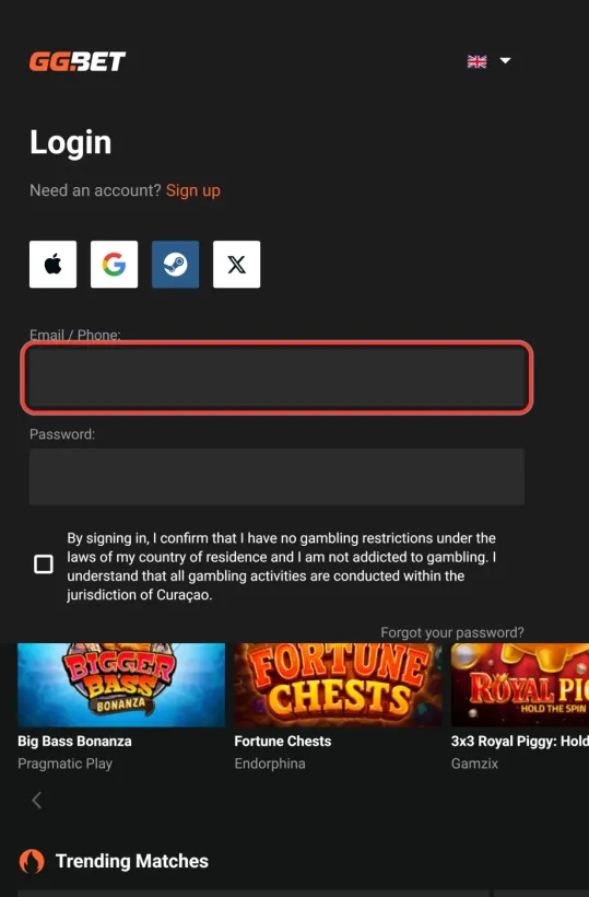 Loginfeltet til e-mail eller telefon markeret hos GGBET