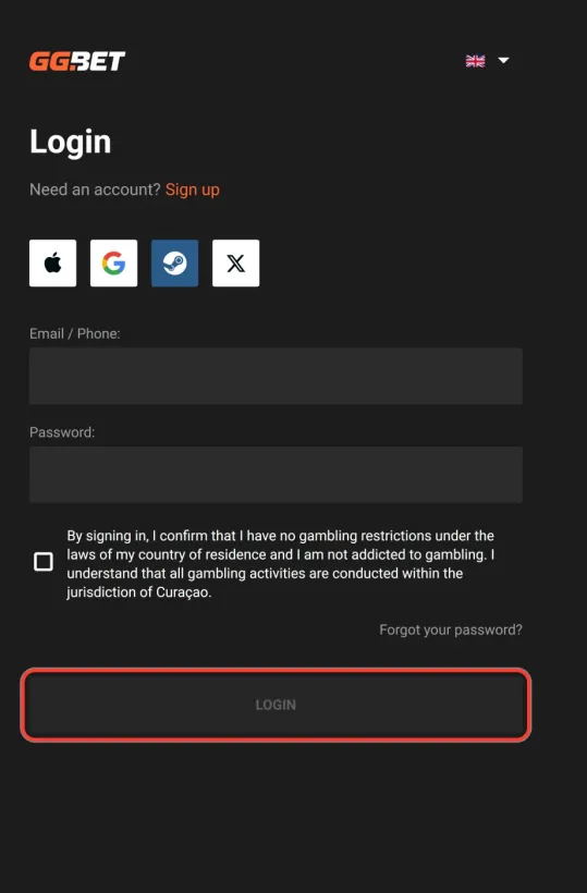 Knappen LOGIN markeret nederst i loginformularen hos GGBET