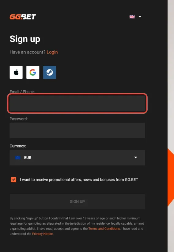 Feltet Email og Phone markeret i registreringsformularen hos GGBET