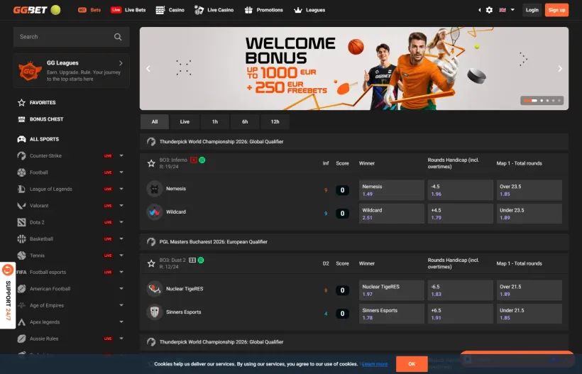 Kampoversigten hos GGBET med odds på esport og traditionel sport