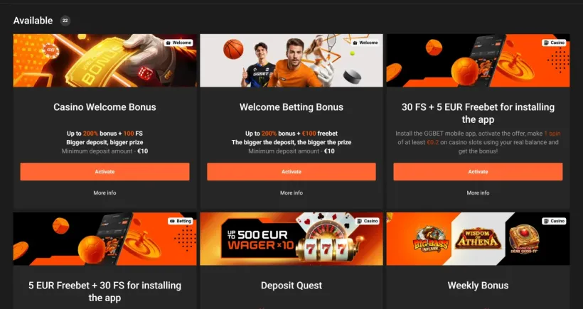 Kampagnesiden hos GGBET med velkomstbonus og aktuelle casinotilbud